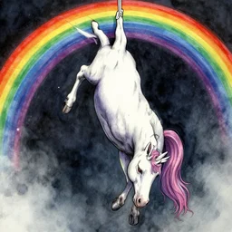 portrait, a sad depressed unicorn that hung itself from a rainbow, watercolor, dramatic lighting, cinematic, establishing shot, extremely high detail, foto realistic, cinematic lighting, pen and ink, intricate line drawings, by Yoshitaka Amano, Ruan Jia, Kentaro Miura, Artgerm, post processed, concept art, artstation, matte painting, style by eddie mendoza, raphael lacoste, alex ross