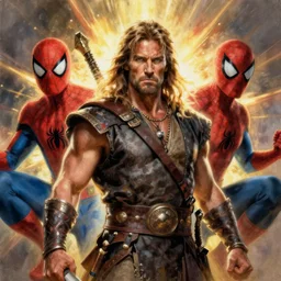 Conan the barbarian versus Spider-Man drawings by Ernie Chan