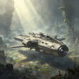 a very detailed spaceship on the ground of an alien planet, a view to an eerie fantasy world, matte painting, ethereal back light, mist, coherent composition, detailed fantasy painting by artgerm, noriyoshi ohrai, yuumei, stephen bliss, unreal engine, fantasy art by greg rutkowski, loish, rhads, ferdinand knab, makoto shinkai, lois van baarle, ilya kuvshinov, rossdraws, tom bagshaw, alphonse mucha, global illumination, radiant light, detailed and intricate environment