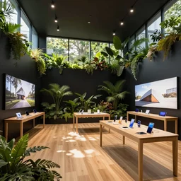 A flagship Samsung store with an internal lush garden. black walls. timber floor. high ceilings with spots. the warm sun shines through large windows illuminating an internal forest. beautiful modern wood furniture with phones and tablets, large digital screens with videos on the walls, Architectural photography. 14mm. High Res 8K. award winning architectural design, Minimalist, High-tech environment, warm and happy, clean shapes, inviting, environment friendly, so many plants, overgrown