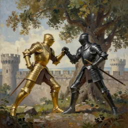a painting of violent duel between a knight in golden armor and a knight in black armor, atop the castle walls, with a gigantic tree in the background. trending on artstation. landscape painting.