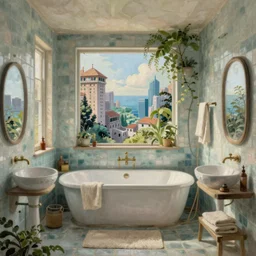 a beautiful ultradetailed painting of bathroom city abandoned by alvaro siza ( alvaro siza vieira ), elysian tokyo reclaimed by nature sea otherworldly, archdaily, wallpaper, highly detailed, trending on artstation.