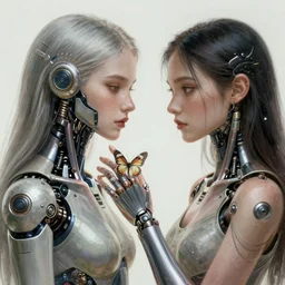 concept art by artgerm, attractive and tattued female cyborg looking a butterfly on her hand, soft natural light, intricate, highly detailed, digital painting, artstation, concept art, smooth, sharp focus, illustration, art by greg rutkowski and luis rollo and uang guangjian and gil elvgren, symmetry!