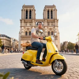 man baguette riding vintage yellow moped notre dame cathedral crowds! cobblestone! sunrise, octane render, unreal engine 5, trending on artstation, high quality, 8 k, soft lighting, path traced, hyperrealistic, highly detailed, digital art, symmetrical, cinematic, high coherence, godrays