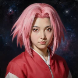 portrait of Sakura Haruno in the space with nebulae, realistic painting, classical painting, high definition, digital art, dramatic lighting, matte painting, very detailed, realistic