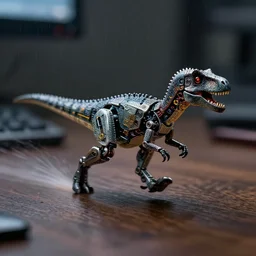action photography, long shot, dark and rainy, award winning macro photo of an ultra detailed intricate tiny robotic dinosaur running very fast no a desk, fast shutter speed, motion blur, tiny gaussian blur, highly detailed, highly intricate, depth of field, national geographic