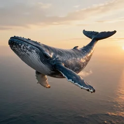 a huge blue whale is flying in mid air, epic, cinematic shot, golden hour, artstation, atmosphere, high definition