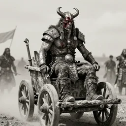 vertical movie frame with shaman riding ancient wood buggy, hunting, armor inspired by diablo barbarian and fashion, strong blooded body, brutal blooded symmetrical face, epic, cinematic lighting, award winning, establishing shot, extremely high detail, photorealistic, brutal, provocative, natural lighting, octane render, old photo, vintage, black and white, sepia, old photography, documentary photography