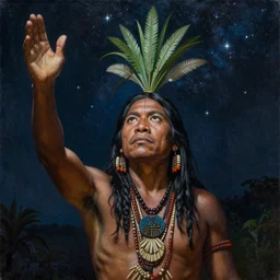 a beautiful painting of an amazonian ayahuasca male shaman reaching enlightement, highly detailed, realistic face, starry sky, canopee, matte painting, by christophe vacher