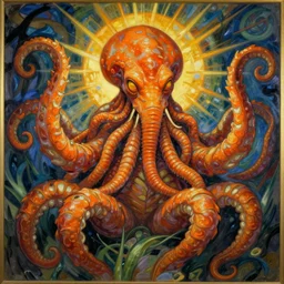 zoological portrait of orange cthulhu by alphonse mucha in the style of egon schiele