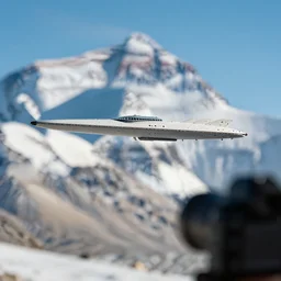 a paul chadeisson starship five miles long is hovering over mount everest, clear focus, bokeh effect, high res, hasselblad, dslr, professional, cinematic