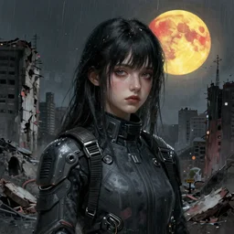 A portrait of a suicidal girl, ruins of a destroyed city and a yellow-red full moon on background, techwear, dark, rainy atmosphere, natural volumetric light, intricate, highly detailed, digital painting, concept art, sharp focus, illustration, art by greg rutkowski, matte painting, trending on artstation, rule 34
