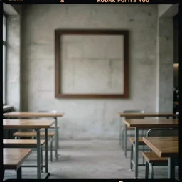 kodak portra 4 0 0, muted colours, 1 9 2 0 s style, long shot, photo of a room with concrete walls and a huge square square picture frame, tiny gaussian blur, depth of field, 1 9 6 0 s metal furniture,