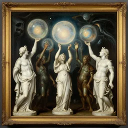 marble statues and futuristic aliens reaching through a framed painting, hands holding big glowing orbs, pulp sci - fi art for omni magazine. high contrast. baroque period, oil on canvas. renaissance masterpiece