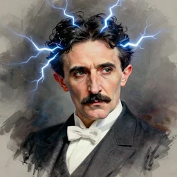 a caricature portrait illustration of Nikola Tesla with electric hair by Al Hirschfeld, creative, comical, brilliant, inventive, masterful, iconic
