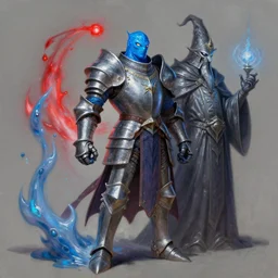 a very elegant full body oil painting of a blue slimey looking knight and a magical wizard made of metal, using magic, magic leaking out of them, smooth painting, medieval armor, wizard knight fusion, concept art, detailed anime, spiky armor, the red glows coming from the left, paint smears, digital art, character design, d & d character, heavy shading, by vas