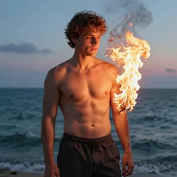 a man so hot he is starting to catch on fire, 4 k, cinematic lighting, real shadows, high details, unreal render, summer evening