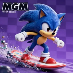 sonic closeup of surreal, sharp, detailed professional, high quality airbrush art MGMT album cover of a liquid dissolving LSD DMT sonic the hedgehog surfing through cyberspace, purple checkerboard background, 1990s 1992 Sega Genesis video game album cover