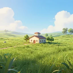 a serene landscape with a singular building in the style of Pixar, super realistic, highly detailed, 8k