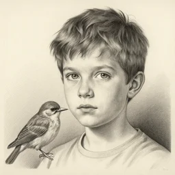 potrait of a boy who is also a bird, fine etching and gouache by ihor podolchak and santiago sanjulian