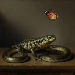 mutant disturbing lizard snake hunting butterfly still - life, otto marseus van schrieck still life, dutch golden age painting, dramatic lighting, cinematic lighting, willem van aelst still life, oil on canvas