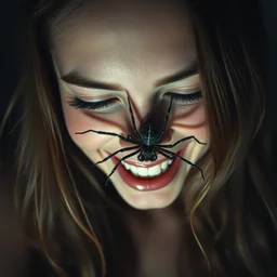 a ultra high resolution close - up of a beautiful and seductive young woman standing in front of the camera looking down at the camera. her face is partially covered by spiders that exit from her mouth, and she has a smiling expression and laughs loudly. the light is dim, and the colours are muted. kodak etkar 1 0 0.