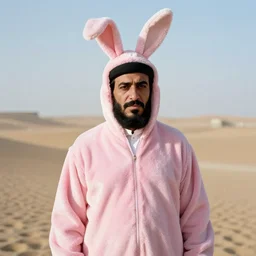 portrait photograph, Saddam Hussein, wearing a pink rabbit costume, standing in the desert, depth of field, bokeh, 1980s photo