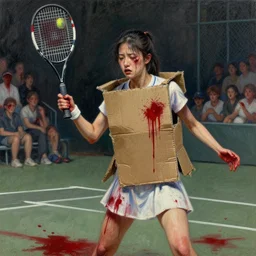 young adult woman playing tennis, cyberpunk, painful, cardboard, blood stains on shirt, blood on tennis court, bleeding audience, illustration, traditional drawing style, dramatic mood, textured canvas, highly detailed, fine art, melancholic art, oil pastels, 8 k render octane high definition cgsociety