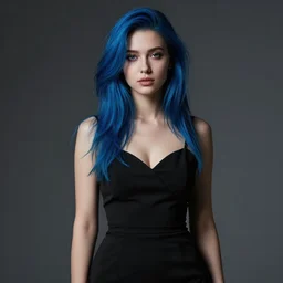 hyper realistic photograph portrait of pretty girl with blue hair, wearing a little black dress, dramatic lighting by ilya kuvshinov