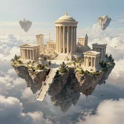 matte painting floating buildings on clouds, breaking apart islands, flying city. ancient greek style. temples, columns, staircases. dynamic perspective. fantastical, romantic, detailed digital art trending in artstation