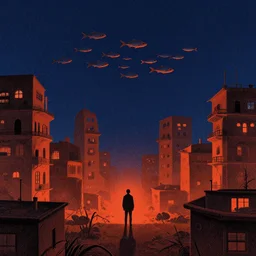 city overgrowth + a lone man + school of fish flying in the sky + habitat 67, Mads Berg, Karolis Strautniekas, film noir, stippled light, dramatic lighting,editorial illustration, detailed,fine texture, matte print, dark blue + dark orange, red, black