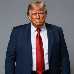 photograph of a tall, angry, slightly obese man in his mid 7 0 s, with blonde hair and an orange face, wearing a dark blue suit, a white shirt, and a red tie