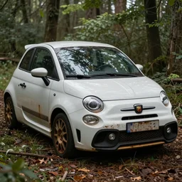 a wrecked 2 0 1 0 abarth 5 0 0, sticky wild board in the forest, dusty, some rust