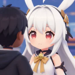 Hoppou , a character from Shipgirl Collection in vrchat looking at a random person from VRChat she has white hair and big round anime eyes