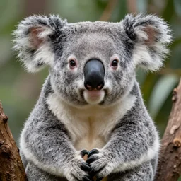 award winning nature photograph of a koala. it has a friendly smile. it has whiskers and claws. extreme detail, beard hyperrealistic photo, smooth, trending on artstation