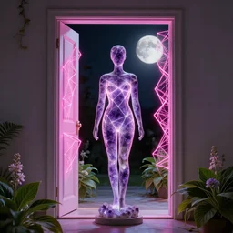 beautiful mannequin sculpted out of amethyst by billelis + lit with 3 d geometric neon + facing a doorway opening with neon pink geometric fractal light + flowering hostas!!!, moon in background!!!, rule of thirds, transcendent, clean linework, dramatic, finely detailed, award winning, 4 k, trending on artstation, photorealistic, volumetric lighting, octane render