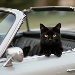 A black cat cruising in a convertible from the 70\'s
