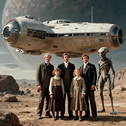 highly detailed, 67438953472k 280mm film still from a sci fi blockbuster color movie made in 2019, set in 1860, of a family standing in front of a spaceship that has just landed on an alien planet, a humanoid alien creature stands nearby, the family are all wearing 1860s era clothes, good lighting, good photography, ultra high definition