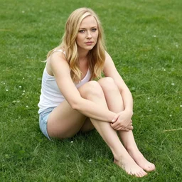 realistic portrait of Kirsten Dunst, sitting on the grass barefoot.