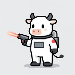 biped cow in a space suit holding a laser gun, minimalist, pixel art