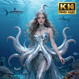young angelina golie portman as an octopus witch dressed in intricate silver clothing surrounded by underwater particles above sharks and sea creatures, fantasy, wlop, trending on artstation, deviantart, anime key visual, official media, professional art, 8 k uhd