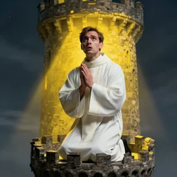 Digital portrait of a terrified catholic priest in his thirties kneeled in fervent prayer at the top of a medieval tower. Looking up with eyes wide open with fear looking straight at the viewer. Dressed in white. An ominous yellow shadow is descending upon him from the night sky. Award-winning digital art, trending on ArtStation