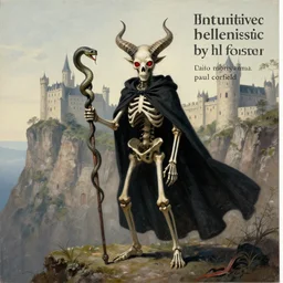 intuitive, blocks hellenistic by hal foster, by daido moriyama, by paul corfield. a beautiful experimental art of a horned, red - eyed, skeleton - like creature, with a long black cape, & a staff with a snake wrapped around it, standing in front of a castle atop a cliff.