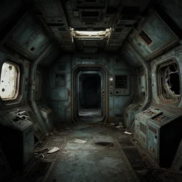 Interior of a abandoned spaceship from the computer game System Shock 2 (1999)