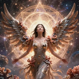 ecstatic beautiful young asian woman by irakli nadar, wings, several layers of 3 d coral and light fractals radiating behind with sacred geometry, cosmic, natural, awakening, symmetrical, in the style of ernst haeckel and alex grey, effervescent, warm, photo realistic, epic and cinematic