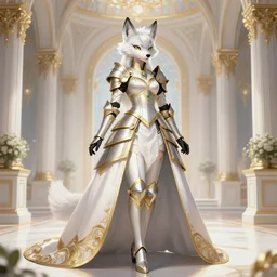 commissioned full body portrait of a female anthro furry wolf headed princess fursona with white hair wearing a white and gold armored dress in a white and gold palace, by Wlop and jerry park, artstation, extremely detailed