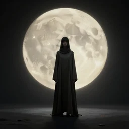 a girl wearing long futuristic dark cloak by yohji yamamoto standing in a shadow of the moon light, sense of mystery, muted colors, simple shapes, long shot, full shot, by bill henson, by gregory crewdson, golden ratio, perfect composition, dramatic, fine detail, intricate, octane render, 8 k