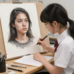 An anime girl drawing a realistic human, 8k