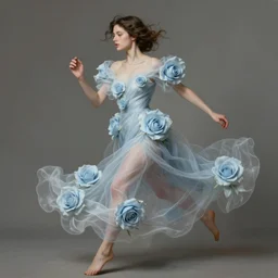 beautiful!!! woman dressed in a vaporous wrapped large victorian pale blue roses silk semi-transparent dress fashion is running, fantasy, intricate, elegant, highly detailed, digital painting, trending on artstation, concept art, matte, sharp focus, illustration, art by Artgerm and Greg Rutkowski and Alphonse Mucha, instagram model