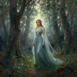 A John Singer Sargent oil painting of a hauntingly beautiful elven forest in the morning; rays of light coming through the canopy; trending on artstation; extraordinary masterpiece!!!!!!; 8k